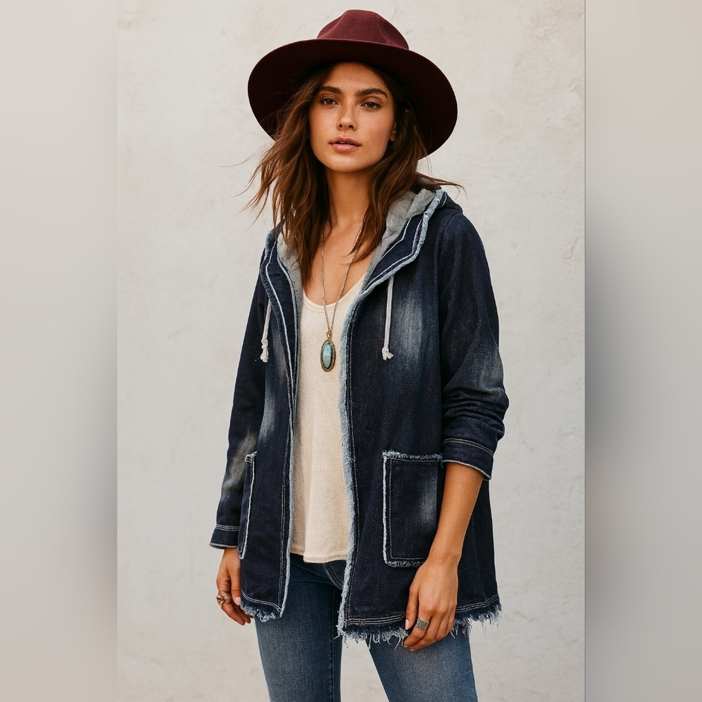 Elissia Europe Frayed Denim Jacket Size S/M Hooded Boho Made In Italy